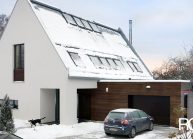 Moderní rodinný dům s dominantními střešními okny – pohled na garáž.